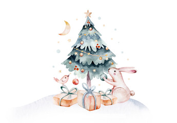 Watercolor Merry Christmas illustration with snowman, christmas tree , snowman, holiday cute animals bunny rabbit, rabbit and baby deer . Christmas celebration cards. Winter new year design.