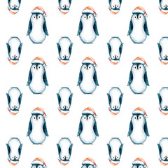 Obraz premium Watercolor Merry Christmas seamless pattern with snowman, christmas tree , snowman, holiday cute animals bunny rabbit, rabbit and baby deer . Christmas celebration cards. Winter new year