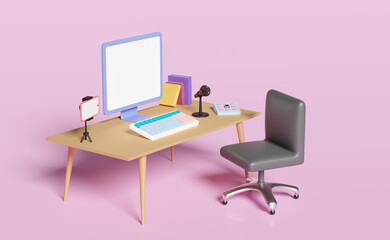 3d computer on table with blank screen, smartphone, microphone, office chair in pink room. online video live streaming, communication applications, notification message,  3d render, clipping path