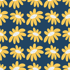 Obraz premium Vintage camomile pattern on blue background. Seamless floral pattern. Vector botanical illustration.