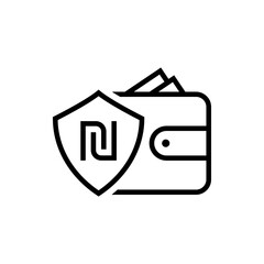 Shekel sign on shield and wallet icon design isolated on white background. Vector illustration