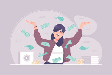 Fototapeta na wymiar happy business woman in money rain illustration