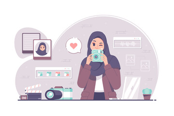hijab photographer girl character illustration