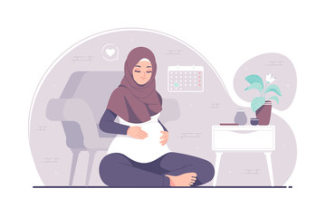 Pregnant islamic hijab girl tenderly touching her belly vector background