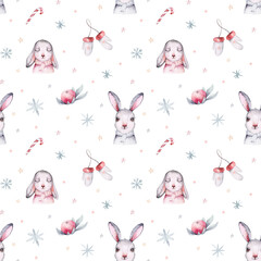 Watercolor Merry Christmas rabbit seamless pattern with holiday cute animals bunny and birds . Christmas celebration background. Winter new year wrapping paper design