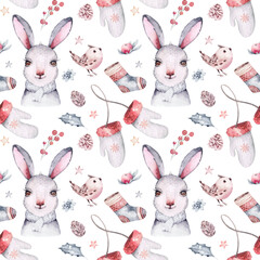 Watercolor Merry Christmas rabbit seamless pattern with holiday cute animals bunny and birds . Christmas celebration background. Winter new year wrapping paper design