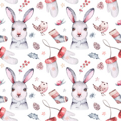 Watercolor Merry Christmas rabbit seamless pattern with holiday cute animals bunny and birds . Christmas celebration background. Winter new year wrapping paper design