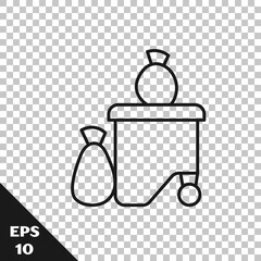 Black line Dumpsters being full with garbage icon isolated on transparent background. Garbage is pile lots dump. Garbage waste lots junk dump. Vector