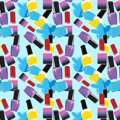 Seamless pattern of yellow pantone,middle blue purple,cyan process,super pink, color nail paint bottle or nail polish bottle with black and upsdell red color cap on blizzard blue background.nail art.