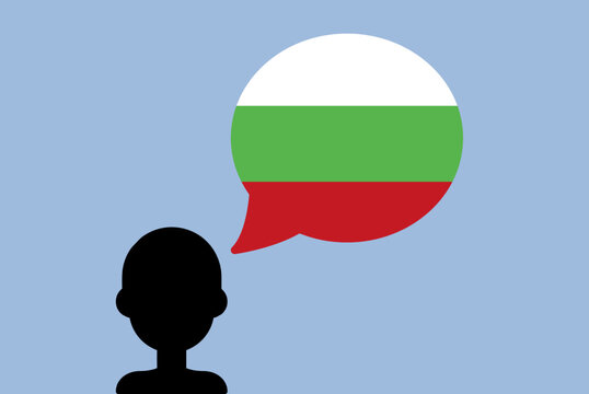Bulgaria flag with speech balloon, silhouette man with country flag, learning Bulgarian language
