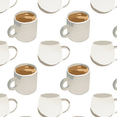 Cute cartoon cup coffee on white background pattern illustration.