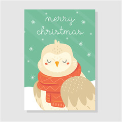 Cute Christmas card with an owl in a scarf and merry christmas text in cartoon style. Holiday illustration.
