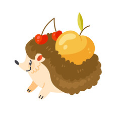 Hello autumn greeting card with cartoon hedgehog with apple. Illustration of the autumn poster.