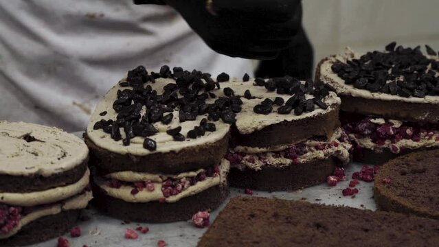 Strawbery in cake. Cake make footage.