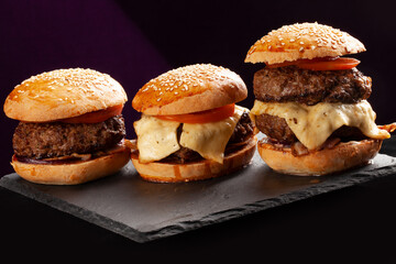 Three perfect burgers, classic burger american