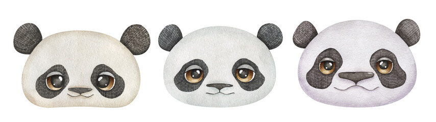 Watercolor panda face set, cute baby, mom, dad pandas with funny big eyes