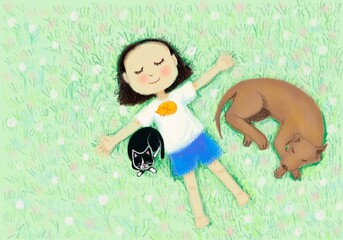 girl and cat and dog 