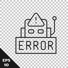 Black line Error in the operation program of the robot icon isolated on transparent background. A broken chip of a robot. Vector