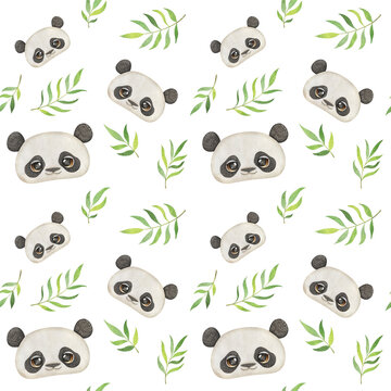 Cute seamless pattern with pandas, foliage on wite background