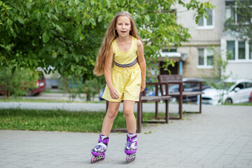 Child rollerblading fast at skate park. Having fun. Concept of an active lifestyle, hobbies