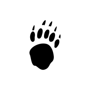 Wild bear footprints isolated black silhouette icon. Vector grizzly or american polar bear, panda foot prints with claws or nails, predator wildlife animal steps on ground in mud, hunting sport emblem