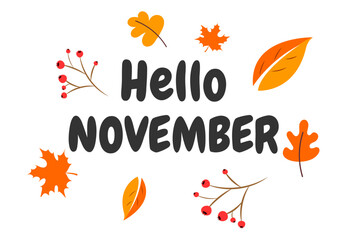 Fototapeta na wymiar Hello november. Autumn word on white background With leaves. Hand drawn Calligraphy lettering Vector illustration
