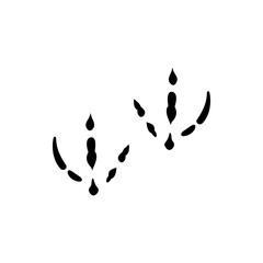 Crow or raven feathered animal footprints isolated black silhouette icon. Vector sparrow bird foot marks, dirty steps on ground, flat design. Crane, turkey or chicken steps, footprint traces of bird