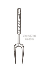 Hand drawn cheese fork on white background. Vector icon. Kitchen utensil for turning meat and sausages on the grill. Decorative art element for cafe menu design, advertising layout. Contour sketch.