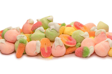 Mix of jelly candys and marshmallows isolated on a white background.