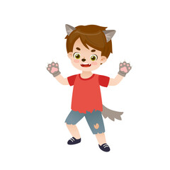 Cute baby boy in halloween werewolf costume. Adorable little wolf kid.