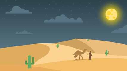 Night Desert Landscape View Illustration