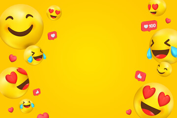 Yellow background with 3D emoji faces with smiling eyes and a big smile laughing to tears and love in the eyes.