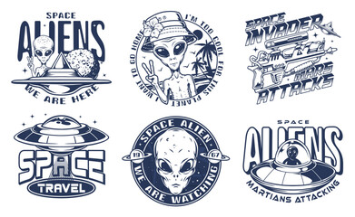 Aliens set monochrome flyers vintage
