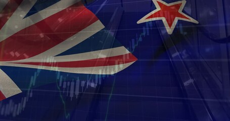 Animation of data processing over flag of new zealand - Powered by Adobe