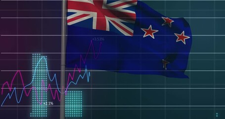 Animation of data processing over flag of new zealand - Powered by Adobe