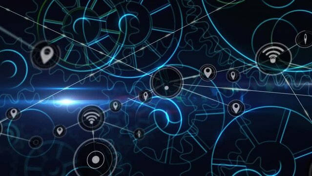 Animation of network of connections over cogs and blue background