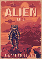 Alien life vintage poster colorful