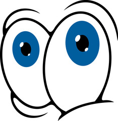 Eyes, cartoon face character and smile, vector comic emoticon icon. Doodle facial emotion with big blue googly eyes, emoji expression symbol