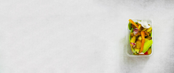 Food waste banner. Scraps composting concept. Copy space. Vegetables recycling 