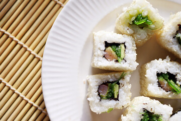 Top view sushi roll. Japanese traditional cuisine 