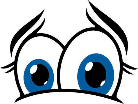 Face and eyes character smile, cartoon comic emoticon vecor icon. Big blue eyes or doodle googly facial expression emoji with sad crying or unhappy look