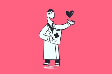 Doctor, heal, heart, love, medicine, cure, hospital - Comic strip illustration in cartoon style