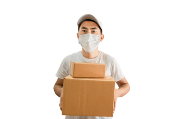 Young Asian delivery man wearing cap and white blank t-shirt holding parcel post box on transparent background - PNG format.