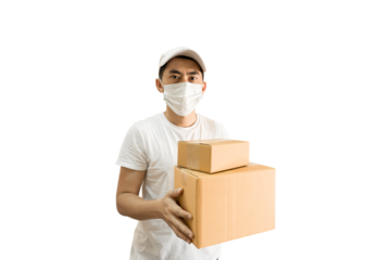 Young Asian delivery man wearing cap and white blank t-shirt holding parcel post box on transparent background - PNG format.