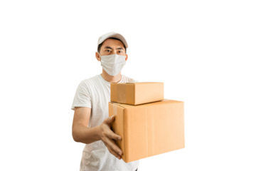 Young Asian delivery man wearing cap and white blank t-shirt holding parcel post box on transparent background - PNG format.
