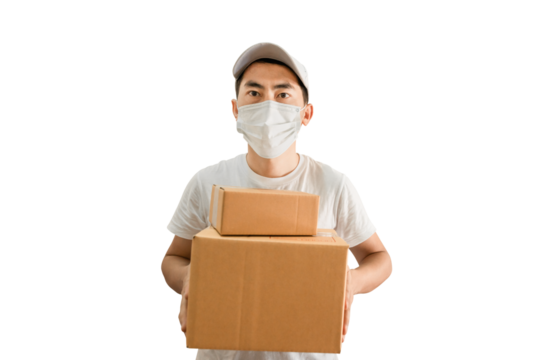 Young Asian delivery man wearing cap and white blank t-shirt holding parcel post box on transparent background - PNG format.