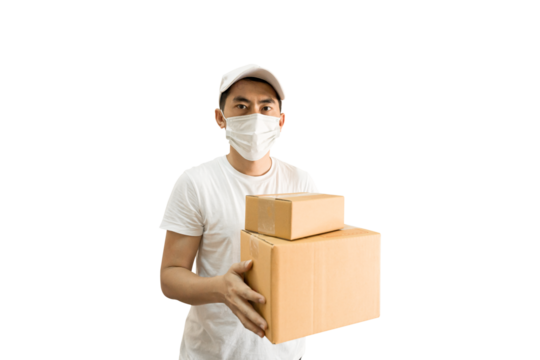 Young Asian delivery man wearing cap and white blank t-shirt holding parcel post box on transparent background - PNG format.