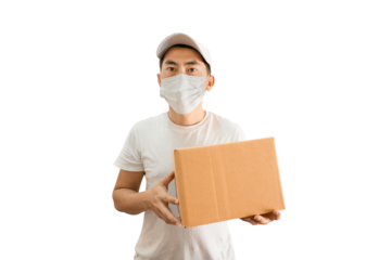 Young Asian delivery man wearing cap and white blank t-shirt holding parcel post box on transparent background - PNG format.