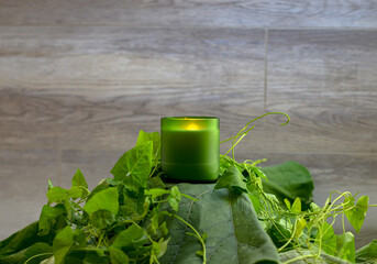 object photo of a candle on a wooden wall background, a candle stands on a bed of plants