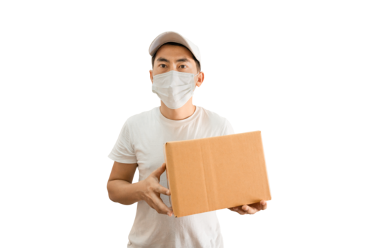 Young Asian delivery man wearing cap and white blank t-shirt holding parcel post box on transparent background - PNG format.